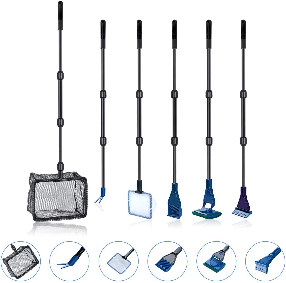 6 in 1 Aquarium Glass Tank Cleaning kit, Spoon Net, Gravel Rake, Plant Fork, Scraper, Sponge, Connector, Fish Net Tool Set, for Domestic Fish Tank Maintenance