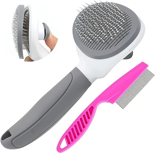 Cat Brush for Shedding, Cat Hair Brush with Release Button for Indoor Cats Dogs Self Cleaning Grooming(Grey)