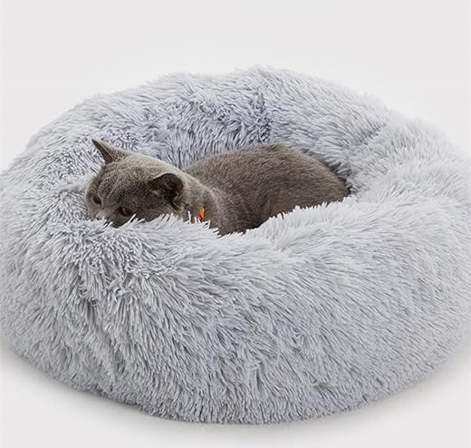 Enjamoy Plush Donut Dog Bed, Calming Round Dog Cat Bed Soft and Fluffy Cuddler Pet Cushion Self-Warming Puppy Beds Machine Washable, Grey 50cm