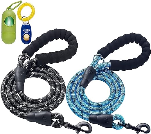 ladoogo 2 Pack 0.5 in × 5 FT Heavy Duty Dog Leash with Comfortable Padded Handle Reflective Dog leashes for Medium Large Dogs (Black&Blue)