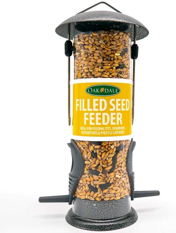 Oakdale Wild Bird Feeder Pre-Filled with Premium Seeds, Large Hanging Metal Frame with Dual Perches, Refillable Lawn and Garden Outdoor Use, Enjoy Birdwatching or Birding