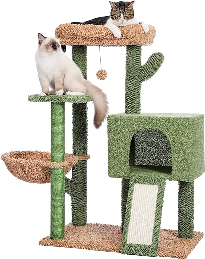 PETEPELA 104cm Cactus Cat Tree with Sisal Covered Scratching Post and Cozy Condo for Indoor Cats, Cat Climbing Stand with Plush Perch &Soft Large Hammock for Multi-Level Cat Play House