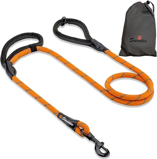 Sweetie Rope Dog Lead - Innovative Design with Two Padded Handles - Reflective Stitching & O-Ring - 5 FT Long Leash for Medium & Large Sized Pets - Weather Resistant & Strong Material. Orange