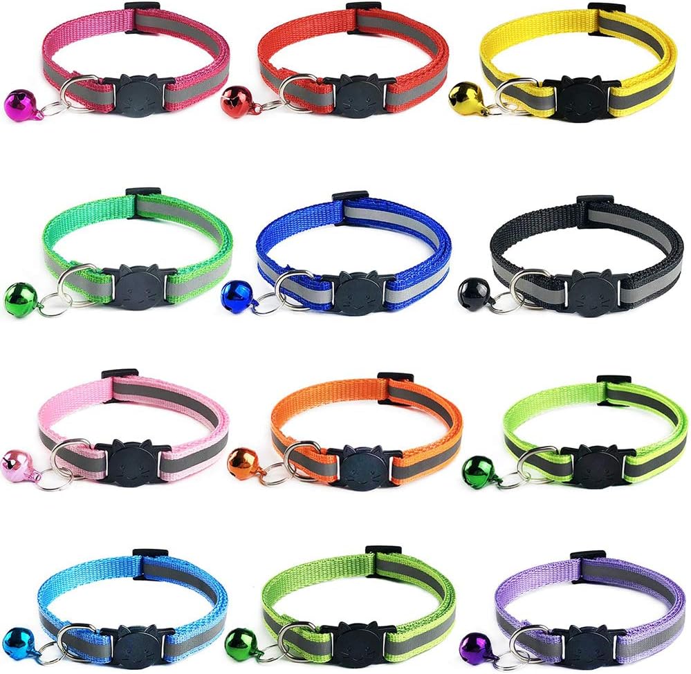 Tafeiya 12 PACK Reflective Cat Collars Quick Release Safety Buckle with Bell Adjustable19-32cm (Multi-colored)