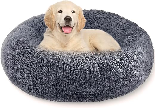 Whome Donut Dog Bed Medium - Bed Round Warm Cuddler Soft Fluffy Pet Beds for Dogs - Anti-Anxiety and Better Sleep - Anti-Slip Bottom - Machine Washable (70CM * 70CM, M, Dark Grey)