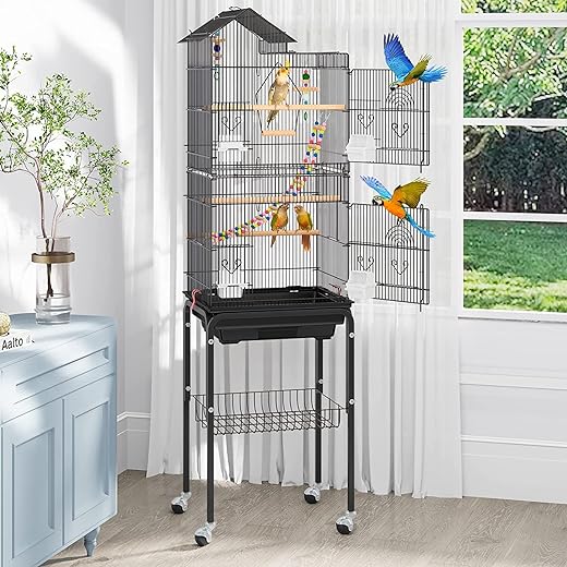 YITAHOME Large Bird Cage, Wrought Iron Flight Bird Parakeet Parrot Budgie Cage for Large Cockatiel, Canary, Finch, Lovebird, Conure, Pigeons, African Grey Quaker, Birdcage with Rolling Stand