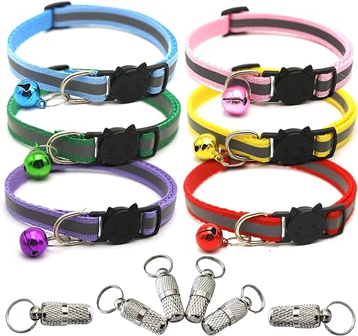 ZYNERY 12 PCS Pet Supplies, 6 Pack Reflective Cat Collars & 6 Pack Pet Anti-Lost Tags, Quick Release Adjustable Buckle Dog Collars with Bells for Cat Kitten Puppy