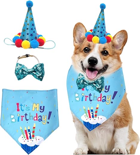 3 Pieces Pet Birthday Party Supplies, Dog Birthday Bandana, Cat and Dog Decoration Set, Pet Clothing Accessories, Stylish Birthday Hat Set, For Small and Medium Pets (Blue)