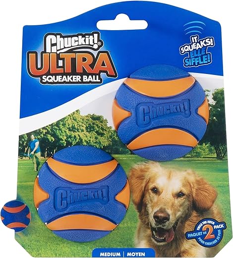 ChuckIt! Ultra Squeaker Ball Dog Toy, Durable High Bounce Floating Rubber Squeaky Dog Ball, Launcher Compatible Toy For Dogs, 2 Pack, Medium