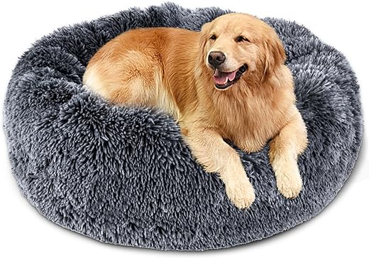 MASTERTOP Dog Bed, Donut Dog Bed Large, 76cm Round Soft Fluffy Dog Bed with Non-slip Bottom, Anti-Anxiety Cuddler Washable Calming Dog Beds for Small Medium Large Dogs Cats Pets - Grey