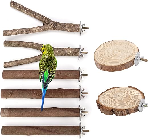 Mogokoyo 8 PCS Natural Wood Bird Perch Birdcage Stand Wooden Parrot Perch Stand Perch Platform Cage Accessories for Parrotlets Budgies Cockatiels Parakeets Lovebirds