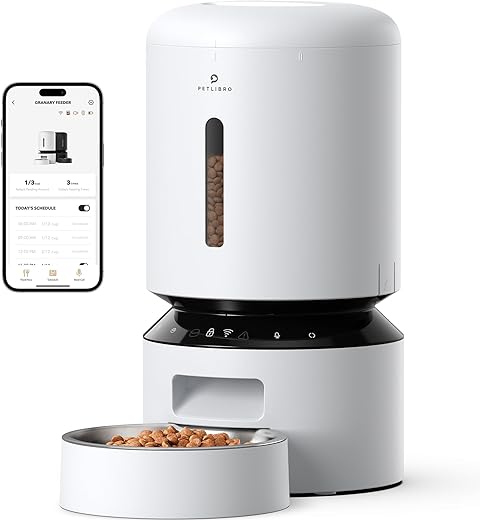 PETLIBRO Automatic Cat Feeder, 5G WiFi Cat Feeder with APP Control for Dry Food, Low Food & Blockage Sensor, Stainless Steel Bowl, 1-10 Meals Per Day, Up to 10s Meal Call for Cat and Dog (5L, White)