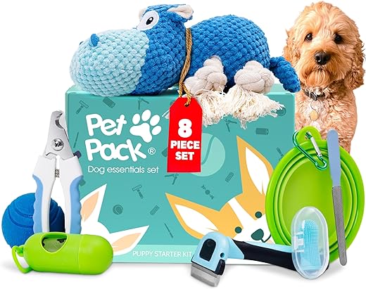 Pet Pack Dog Essentials Set - Puppy Starter Kit for New Owners, Fun Puppy Toys from 8 Weeks Small Dog | Ideal Puppy Essentials and Puppy Grooming Kit | Dog Non-Aggressive chewers