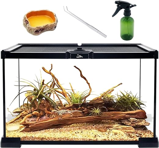 Reptile Growth Reptile Terrarium Kit, 12" x 8"x 6.5" Reptile Tank with Top Sliding Door Screen Ventilation Glass Tank for Leopard Gecko Bearded Dragon Lizard snail stick insect tarantula gecko snake