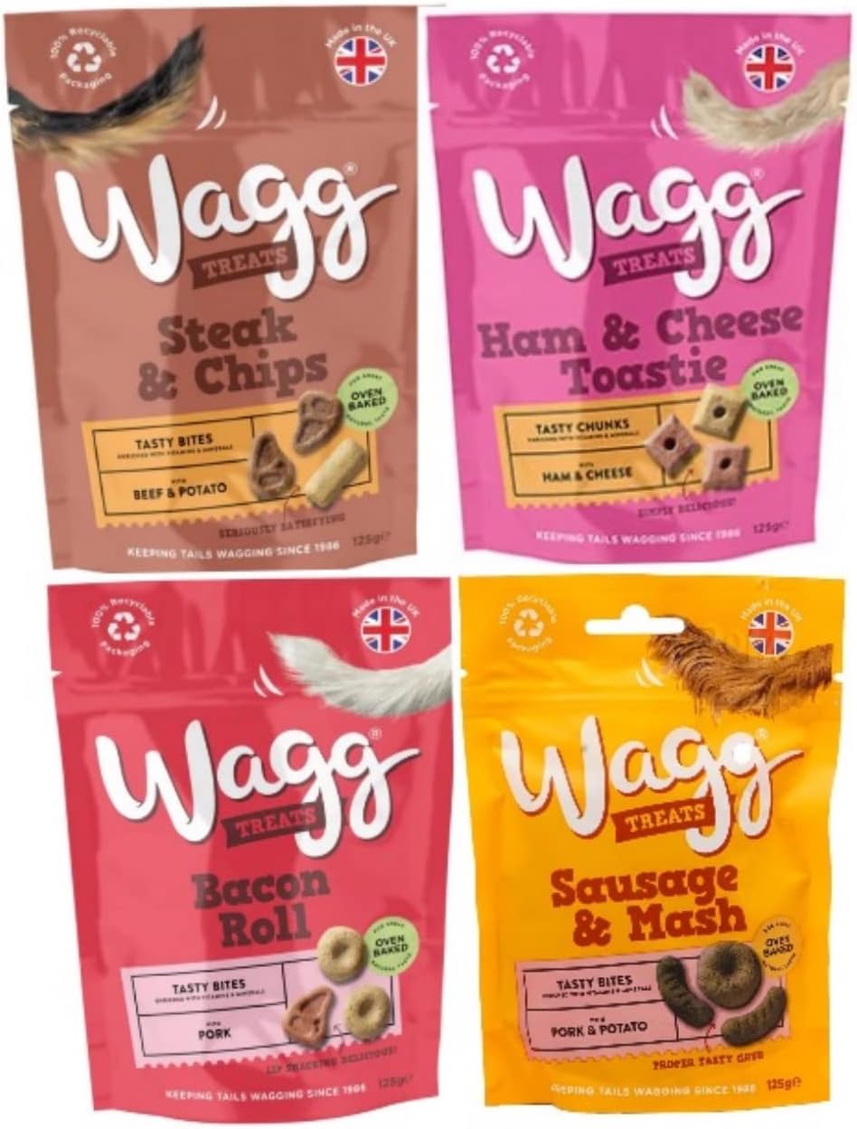 Wagg Dog Treats Bundle Sausage & Mash, Steak & Chips, Bacon Roll, Ham & Cheese Toastie Training Treats for Puppy